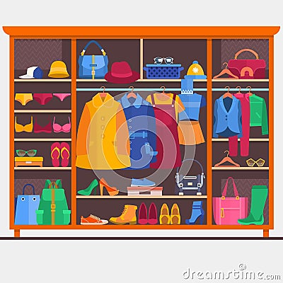 Wardrobe room full of woman s cloths. Vector illustration. Vector Illustration