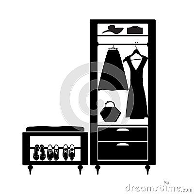 Wardrobe with clothes and shoes icon isolated on white background. Simple closet black pictogram. Vector Illustration