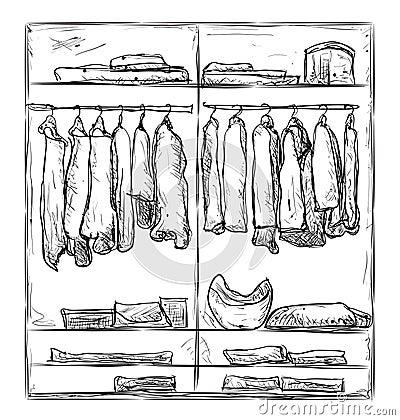 Wardrobe sketch. Room interior with clothes. Vector Illustration