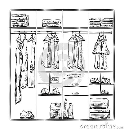 Wardrobe sketch. Room interior with clothes. Vector Illustration
