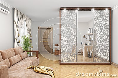 Wardrobe with sliding doors and decor on the mirrors. large room. Cartoon Illustration