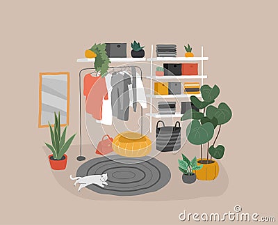 Wardrobe stuff interior in scandinavian design style.. Closet wardrobe furniture inside. Various bag, shoes, cosmetics Vector Illustration