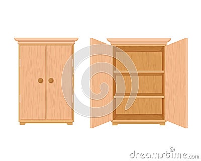 Wardrobe wooden template open and closed. Modern wooden stylish cupboard stylish design. Vector Illustration