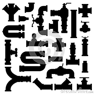 Ware pipe silhouette. Water tube pipes system, industry pipeline fittings, filters and pipe connectors silhouettes Vector Illustration