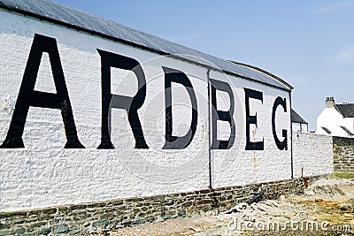 A warehouse of the Ardbeg whisky distillery on the isle of Islay Editorial Stock Photo