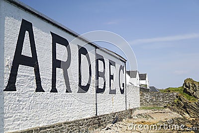 A warehouse of the Ardbeg whisky distillery on the isle of Islay Editorial Stock Photo