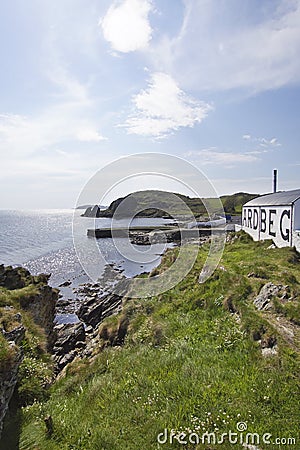 A warehouse of the Ardbeg whisky distillery on the isle of Islay Editorial Stock Photo