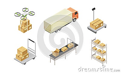 Warehouse as Area for Goods Storage and Logistics with Cardboard Boxes and Drone Delivering Parcel Isometric Vector Set Stock Photo