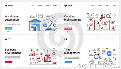 Warehouse automation, business development, time management, teamwork set and tiny people Vector Illustration