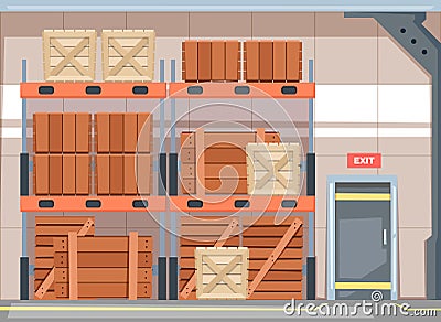 Warehouse with boxes. Storehouse interior with wooden crates pallets containers for shipment, logistic delivery service Vector Illustration