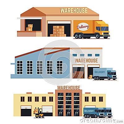 Warehouse building, industrial construction and factory storage vector icons Vector Illustration