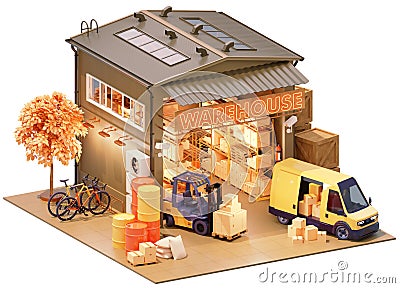 Warehouse building with interior and forklift Cartoon Illustration