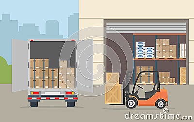 Warehouse building, truck and Forklift truck on city background. Vector Illustration