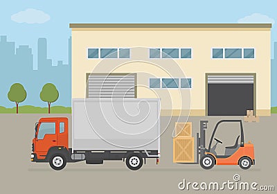 Warehouse building, truck and Forklift truck on city background. Warehouse Equipment, cargo delivery, storage service. Vector Illustration