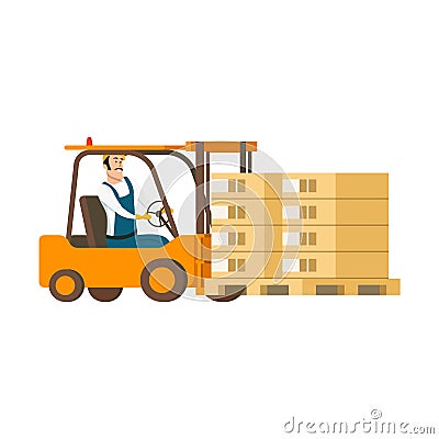Warehouse Character Driving Forklift Car with Box Stock Photo