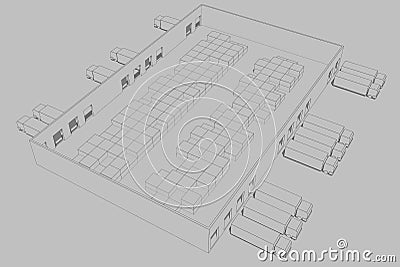 Warehouse 3D illustration of logistics transport and delivery vehicles Cartoon Illustration