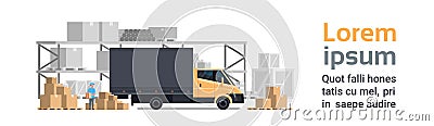 Warehouse Delivery, Truck Car Over Containers Building. Shipping And Transportation Concept Horizontal Banner With Copy Vector Illustration