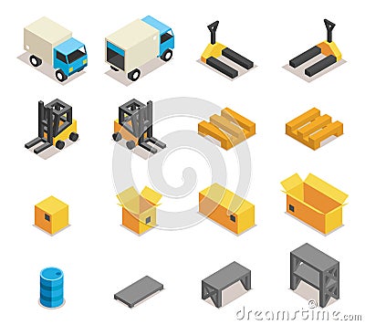 Warehouse equipment icon set Vector Illustration