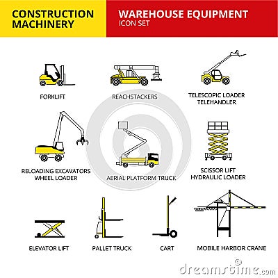 Warehouse equipment machinery vehicle and transport car construction machinery icons set vector Vector Illustration