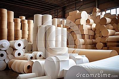 Warehouse for finished products of a paper mill. Large rolls of paper in the workshop. Production of paper and cardboard Stock Photo
