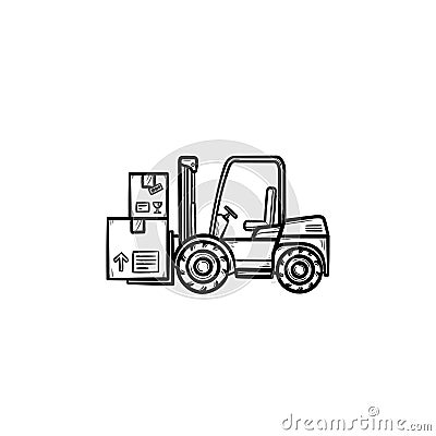 Warehouse forklift truck with cardboard boxes hand drawn outline doodle icon. Vector Illustration