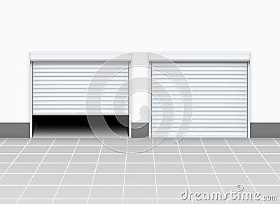 Warehouse or garage roller shutter door. Factory roller door entrance, floor building store shop interior Vector Illustration