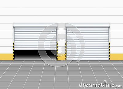 Warehouse or garage roller shutter door. Factory roller door entrance, floor building store shop interior Vector Illustration