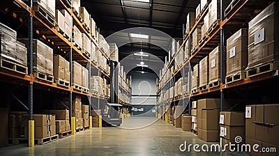 Warehouse has many shelving space and racking, in the style of dark yellow and dark white. Generative AI Stock Photo