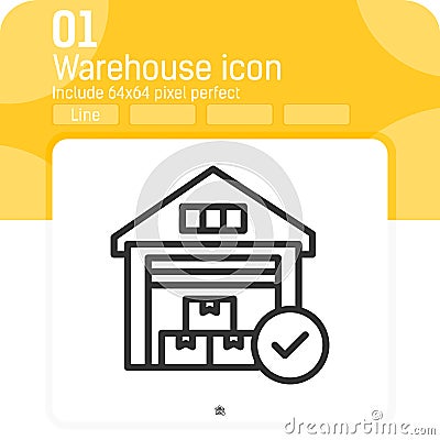 Warehouse icon with checkmark sign with outline style isolated on white background. Vector illustration warehouse sign symbol icon Vector Illustration