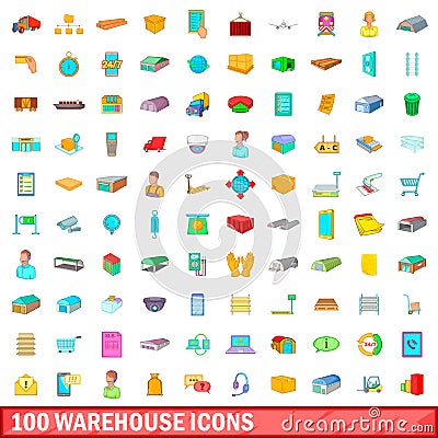 100 warehouse icons set, cartoon style Vector Illustration