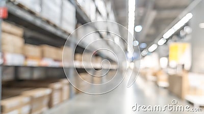 Warehouse industry blur background with logistic wholesale storehouse, blurry industrial silo interior aisle for furniture Stock Photo