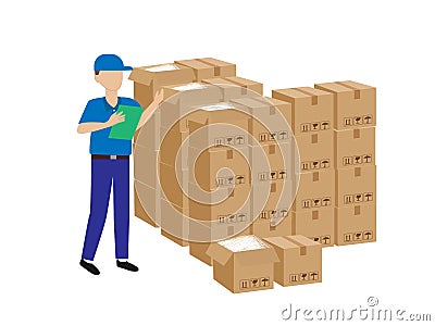 Warehouse inspector holding a clipboard examining details of a package To see the damage And ready to ship Vector Illustration