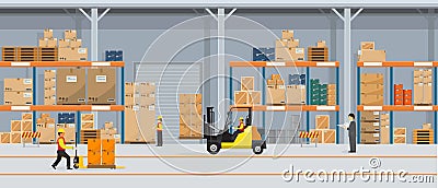 Warehouse Interior with Boxes On Rack And People Working. Flat vector and solid color style Logistic Delivery Service Vector Illustration