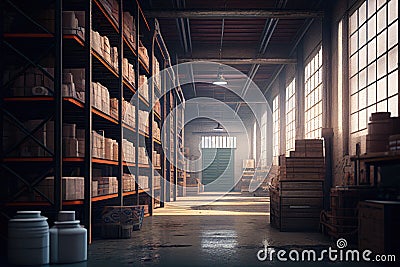 Warehouse interior. Commercial distribution warehouse with shelves and boxes. Created with Generative AI Stock Photo