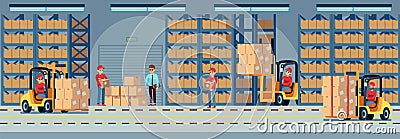 Warehouse interior. Industrial factory worker working in stockroom of storehouse. Forklift and delivery truck vector Vector Illustration