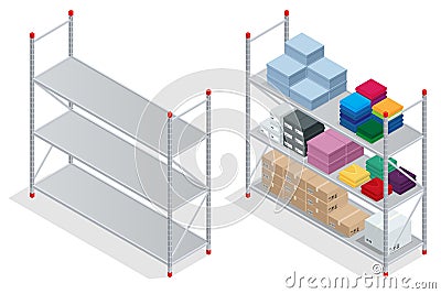 Warehouse interior. Storehouse, goods. Empty warehouse shelves. Flat 3d isometric vector illustration. Vector Illustration