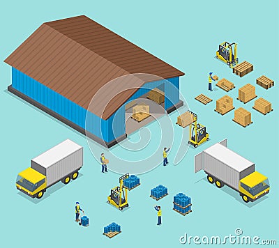 Warehouse isometric flat vector illustration. Vector Illustration