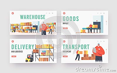 Warehouse Landing Page Template Set. Workers Loading, Stacking Goods in Store. Accounting and Packing Cargo on Belt Vector Illustration