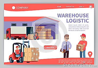 Warehouse landing. Warehousing logistics service, truck transportation marketing. Worldwide delivery technology web page Vector Illustration