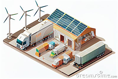 Warehouse logistic stock centre with doors for semi truck loading and solar panels on building. Company business cargo transport Cartoon Illustration