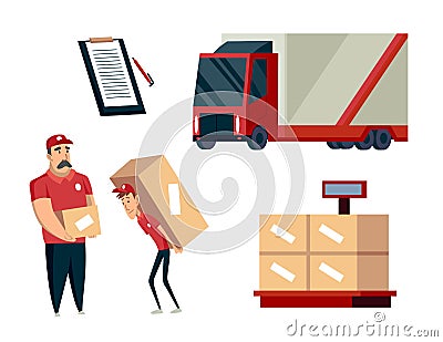 Warehouse. Logistics illustrations collection. Warehouse center, loading cargo trucks, weight, workers. Modern flat Vector Illustration