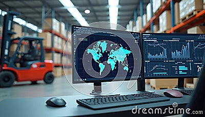 Warehouse management software interface displays global data. Modern tech monitors show real-time global logistics data. Stock Photo