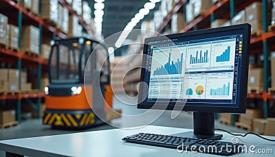 Warehouse management software interface displays operational data on computer screen. Automated guided vehicle AGV in background. Stock Photo