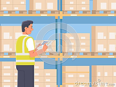 Warehouse manager checks the availability of goods. The worker holds a tablet in his hands against the background of racks with Cartoon Illustration