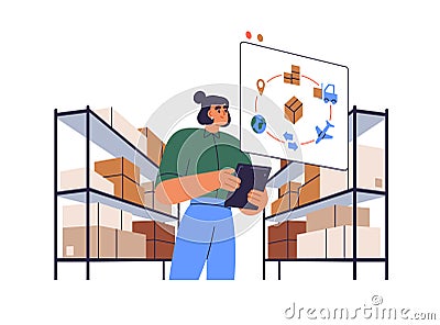 Warehouse manager organizing delivery of goods in boxes. Storehouse worker with tablet PC and packages on shelf. Digital Vector Illustration