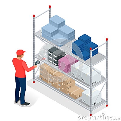 Warehouse manager or warehouse worker with bar code scanner checking goods on storage racks. Stock taking job. Flat 3d Vector Illustration