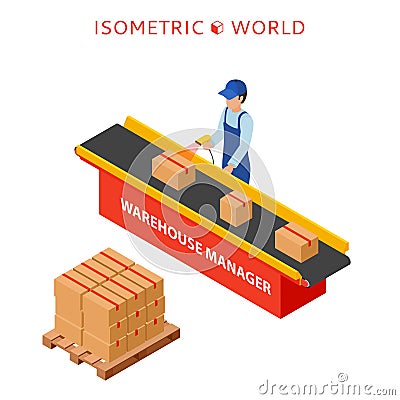 Warehouse manager or warehouse worker with bar code scanner checking goods on a conveyor belt Vector Illustration