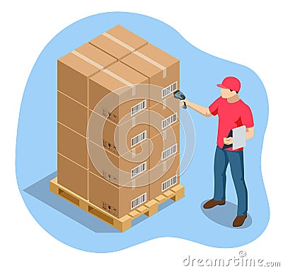 Warehouse manager or warehouse worker with bar code scanner checking goods on storage racks. Stock taking job. Vector Illustration