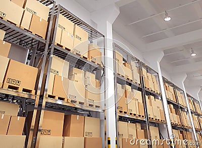 Warehouse with many racks and boxes Stock Photo