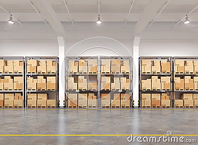 Warehouse with many racks and boxes Stock Photo